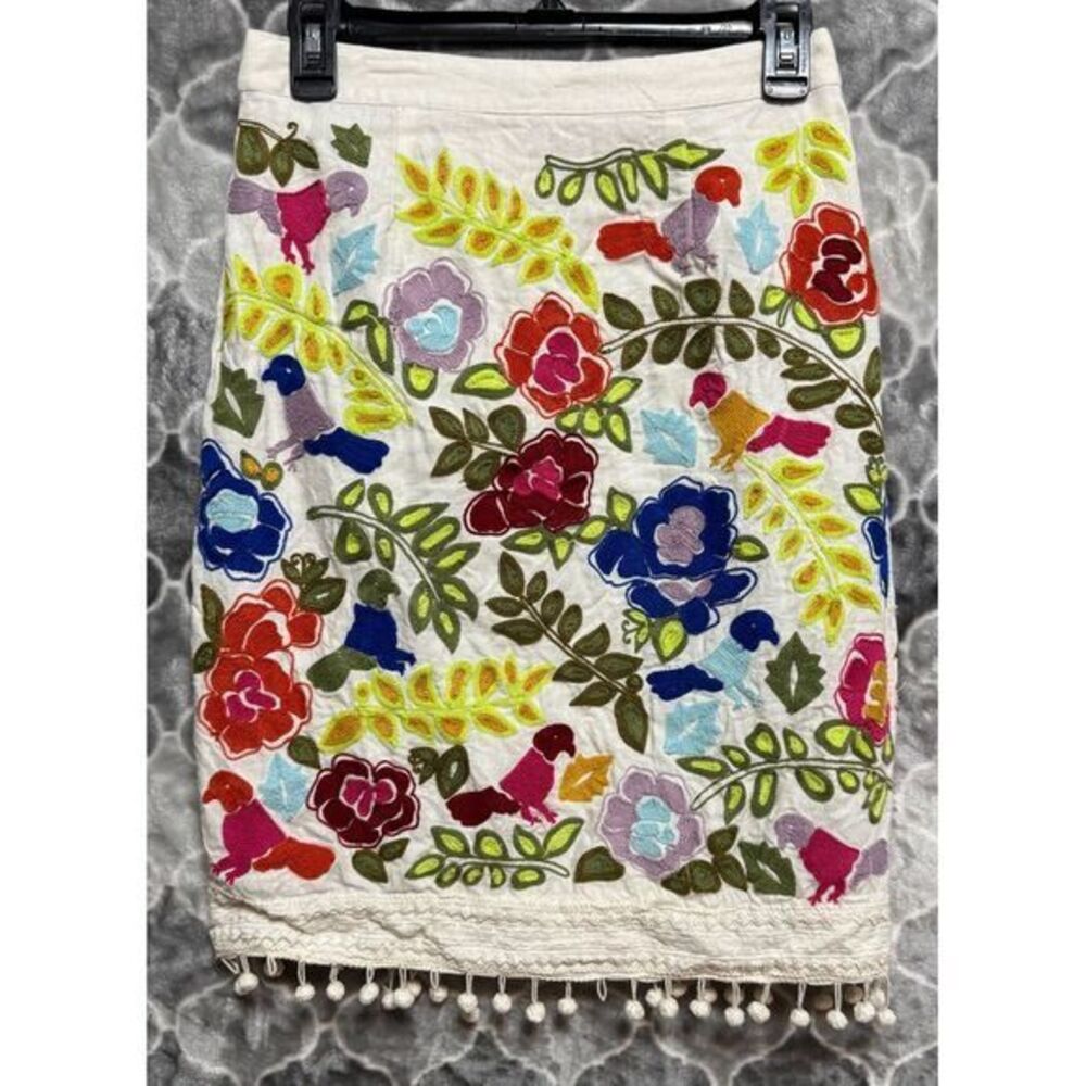 Moulinette Soeurs White Mini Skirt with Multicolor Floral Embroidery